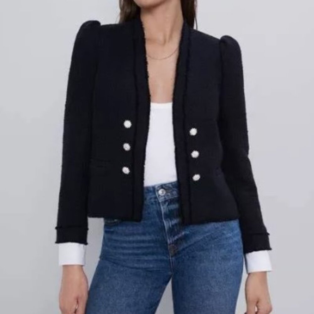ZARA Black Tweed Puff Shoulder Gem Crystal Button Jacket Large